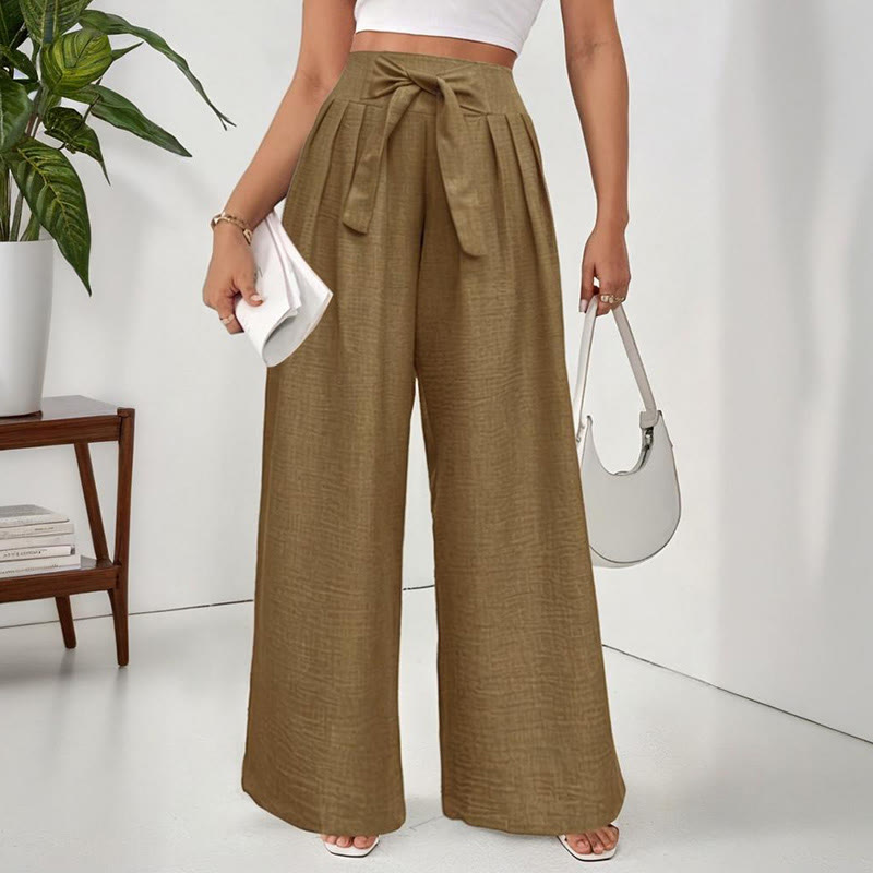 Olivenorma Plain Color High Waist Adjustable Knot Loose Women's Wide Leg Pants - Peru - XXL - image 9