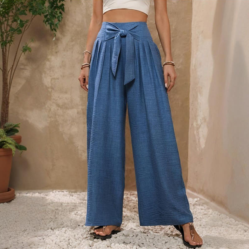 Olivenorma Plain Color High Waist Adjustable Knot Loose Women's Wide Leg Pants - Blue - XXL - image 1