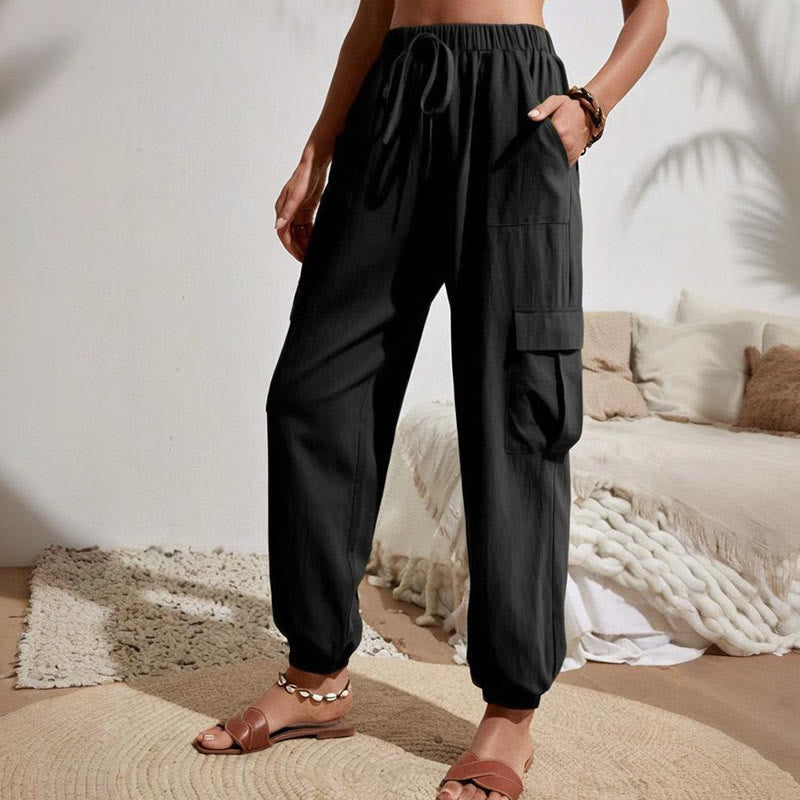 Olivenorma Womens Plain Color High-Waisted Drawstring Hiking Joggers Cargo Pants - Black - XL - image 4