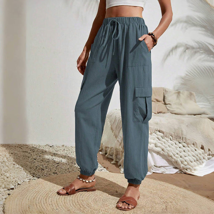 Olivenorma Womens Plain Color High-Waisted Drawstring Hiking Joggers Cargo Pants - SteelBlue - XL - image 23