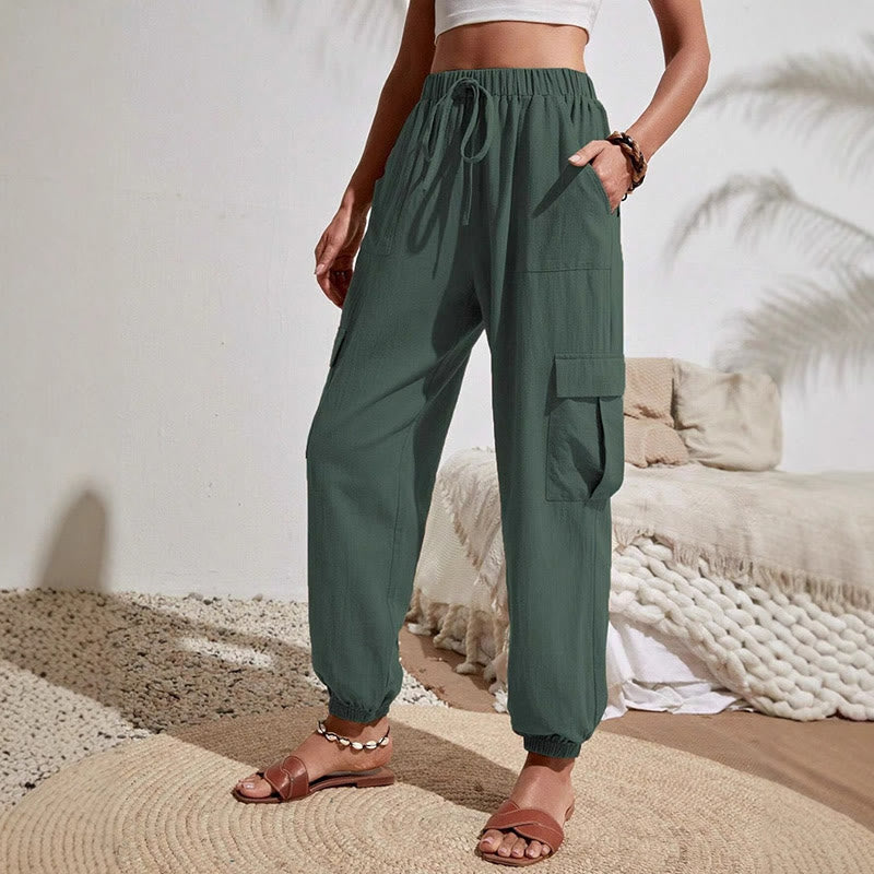 Olivenorma Womens Plain Color High-Waisted Drawstring Hiking Joggers Cargo Pants - SeaGreen - XL - image 11