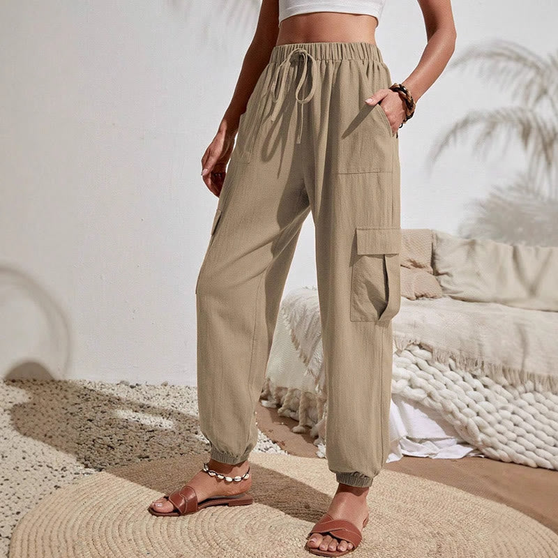 Olivenorma Womens Plain Color High-Waisted Drawstring Hiking Joggers Cargo Pants - Khaki - XL - image 1