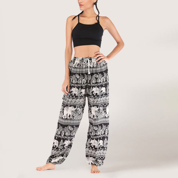 Olivenorma Ethnic Elephant Yoga Pants Viscose Women's Elastic Waist Harem Pants