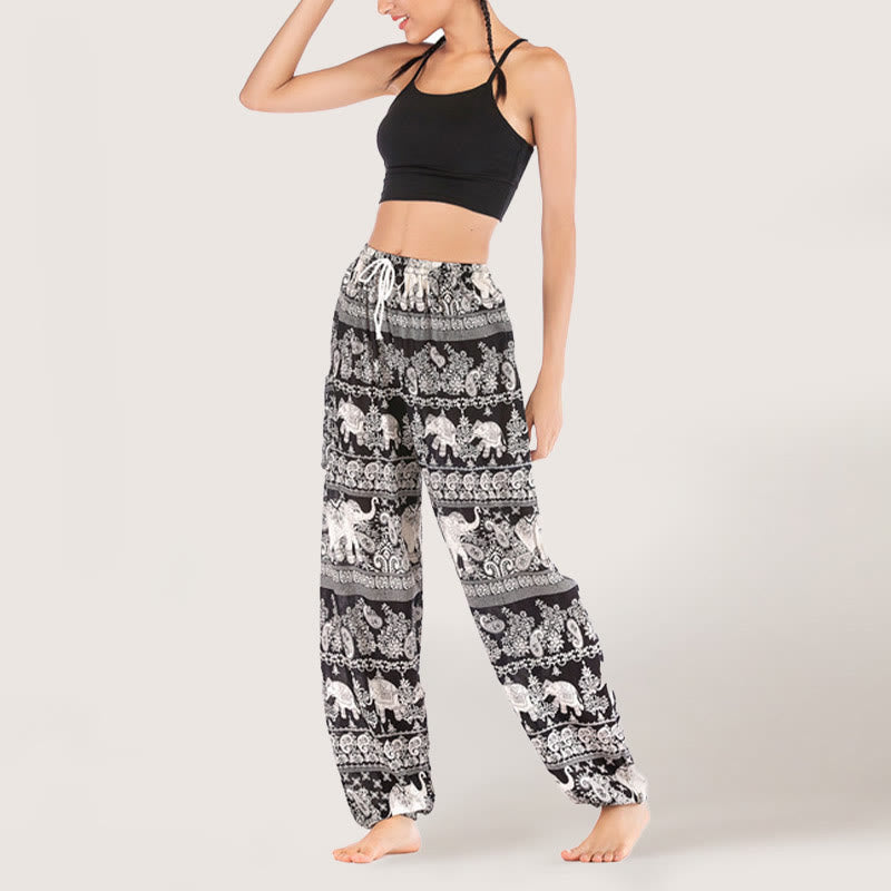 Olivenorma Ethnic Elephant Yoga Pants Viscose Women's Elastic Waist Harem Pants