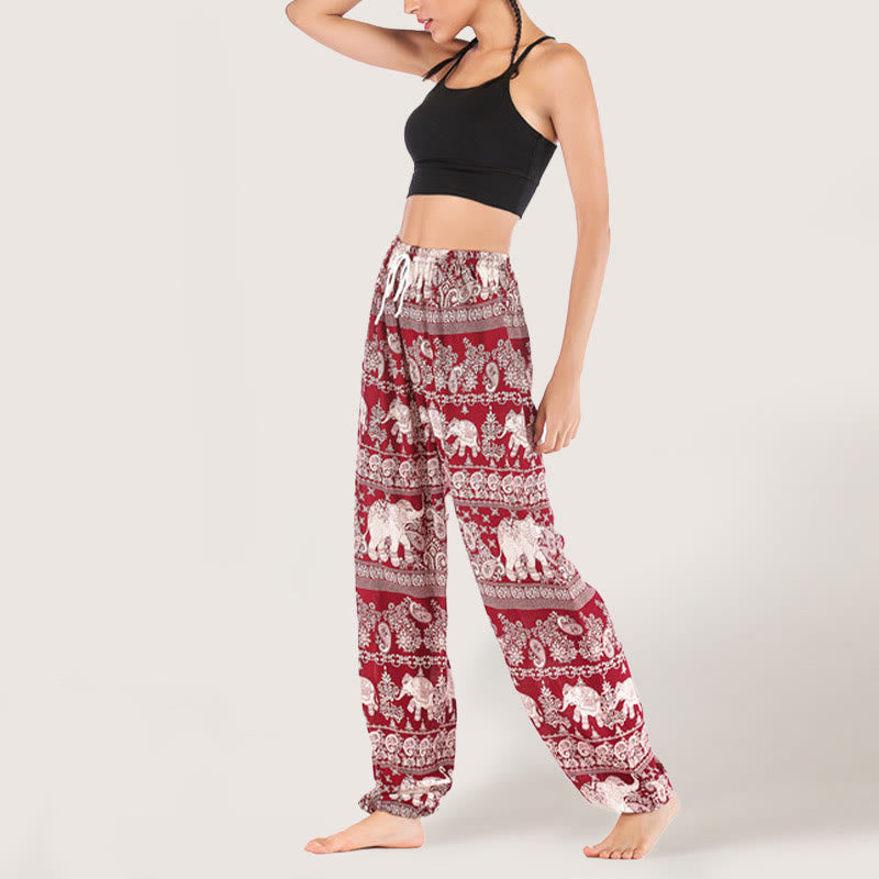 Olivenorma Ethnic Elephant Yoga Pants Viscose Women's Elastic Waist Harem Pants