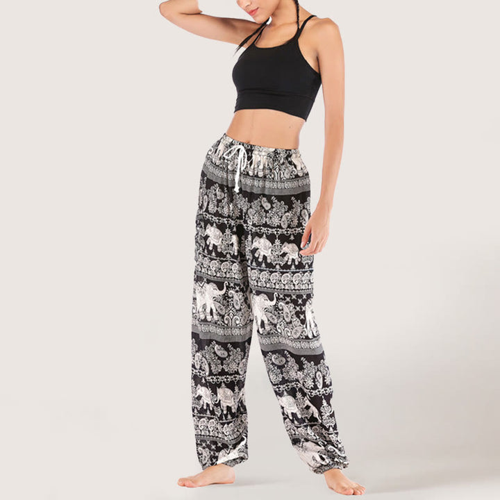 Olivenorma Ethnic Elephant Yoga Pants Viscose Women's Elastic Waist Harem Pants