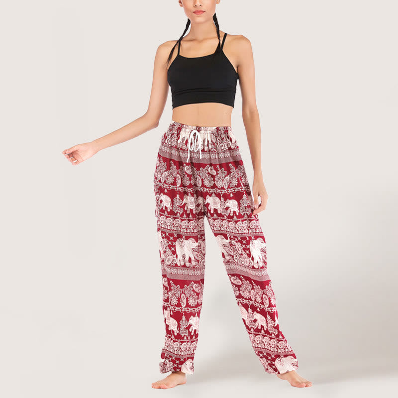 Olivenorma Ethnic Elephant Yoga Pants Viscose Women's Elastic Waist Harem Pants