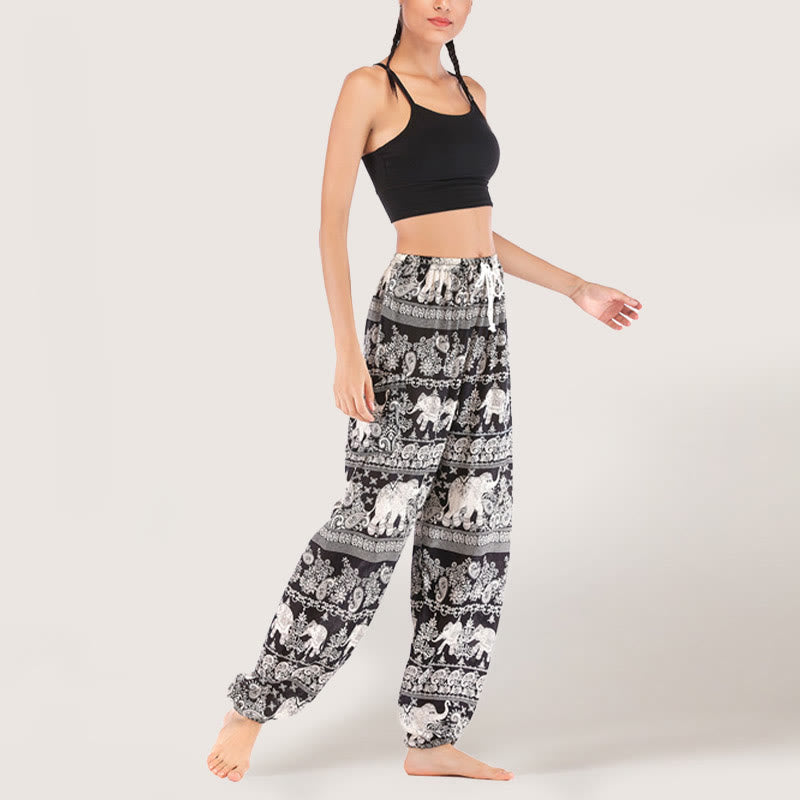 Olivenorma Ethnic Elephant Yoga Pants Viscose Women's Elastic Waist Harem Pants