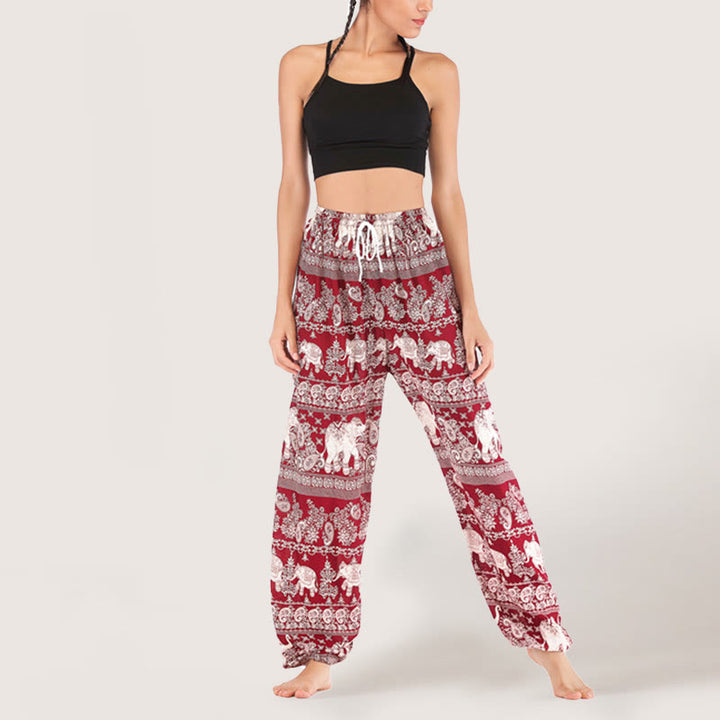 Olivenorma Ethnic Elephant Yoga Pants Viscose Women's Elastic Waist Harem Pants