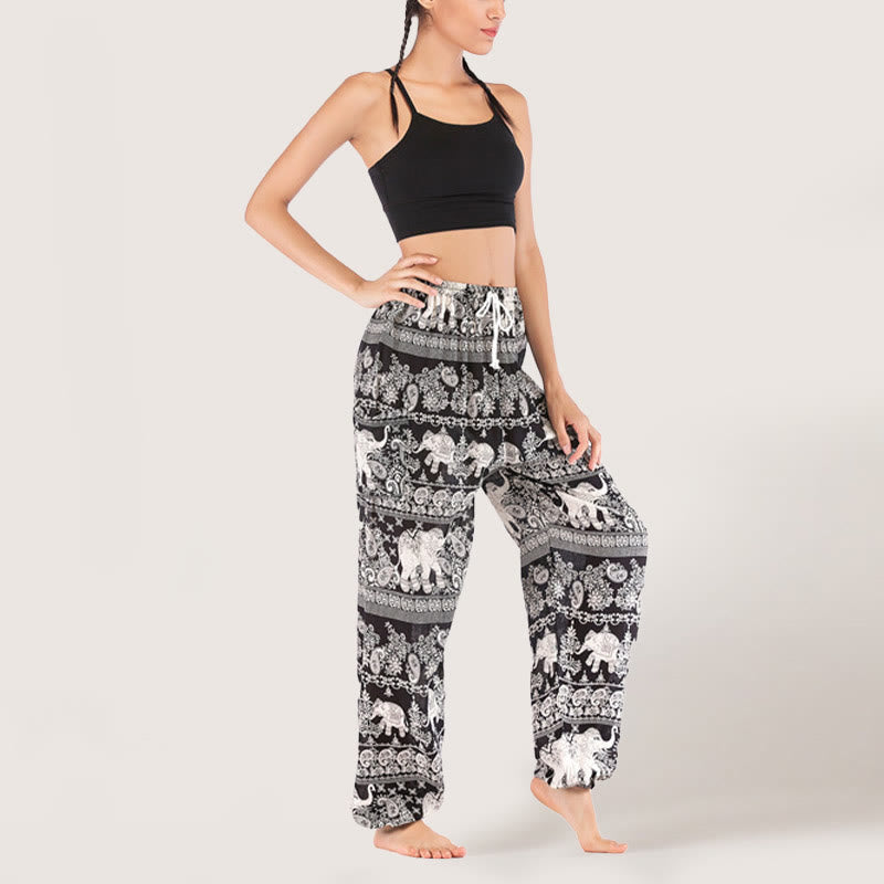 Olivenorma Ethnic Elephant Yoga Pants Viscose Women's Elastic Waist Harem Pants