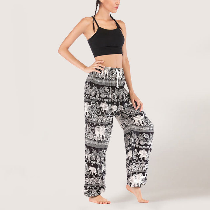Olivenorma Ethnic Elephant Yoga Pants Viscose Women's Elastic Waist Harem Pants