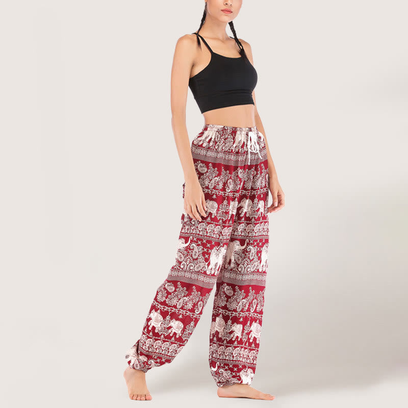 Olivenorma Ethnic Elephant Yoga Pants Viscose Women's Elastic Waist Harem Pants