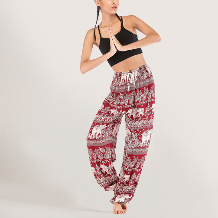 Olivenorma Ethnic Elephant Yoga Pants Viscose Women's Elastic Waist Harem Pants