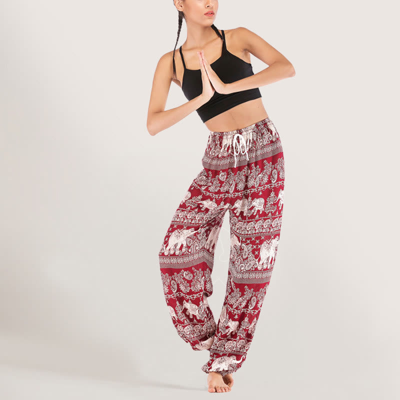 Olivenorma Ethnic Elephant Yoga Pants Viscose Women's Elastic Waist Harem Pants