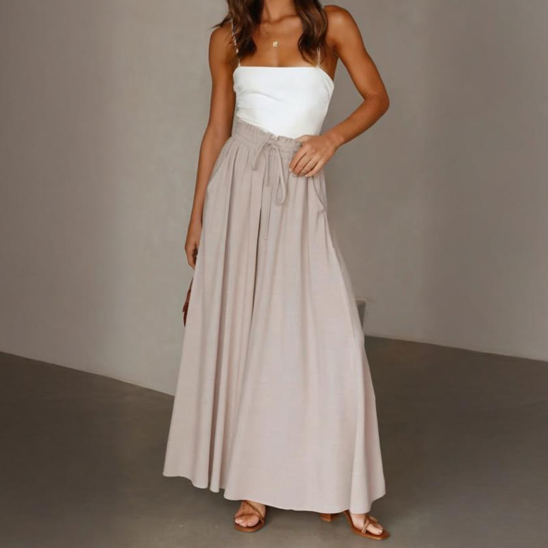 Olivenorma Plain Color High Waist Casual Loose Women's Palazzo Pants with Pockets - Beige - XXL - image 25