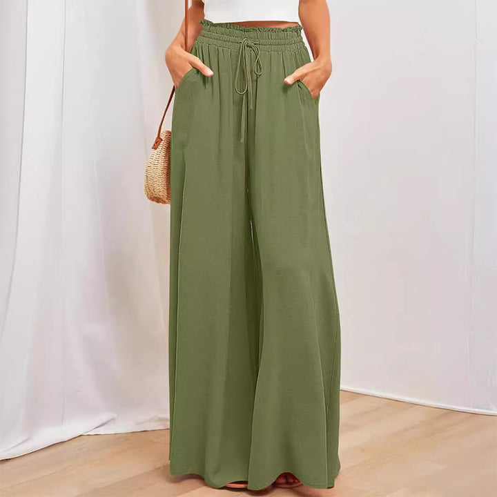 Olivenorma Plain Color High Waist Casual Loose Women's Palazzo Pants with Pockets - Green - XXL - image 10