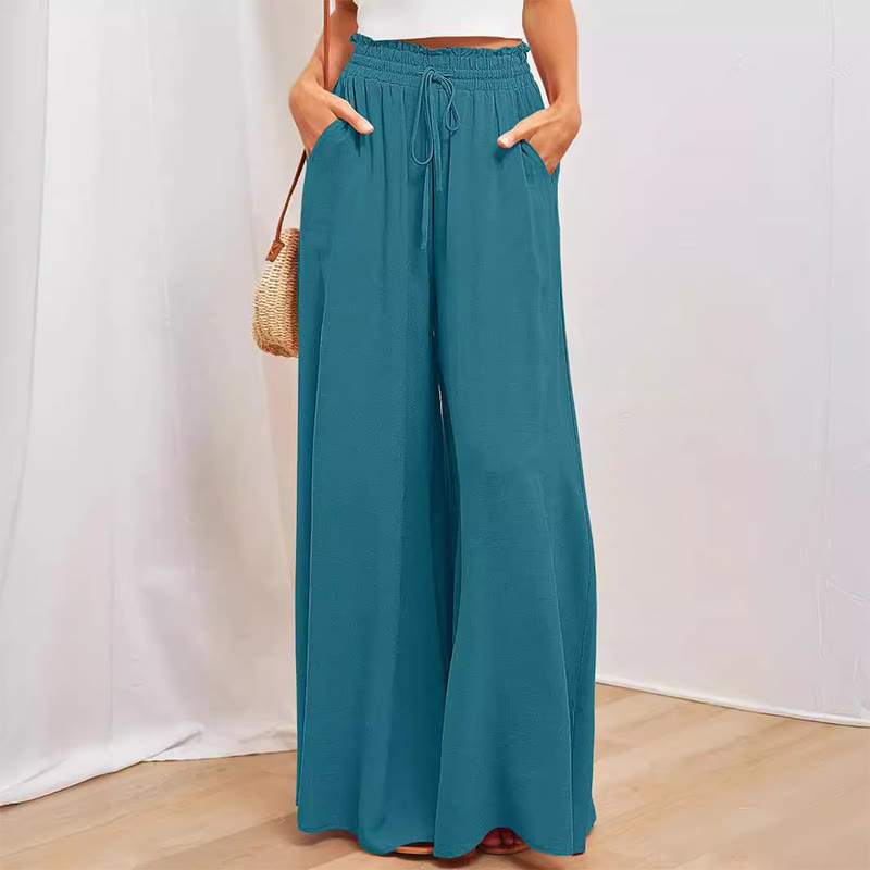 Olivenorma Plain Color High Waist Casual Loose Women's Palazzo Pants with Pockets - Teal - XXL - image 1
