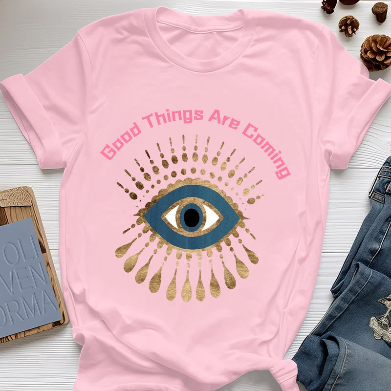 Olivenorma "GOOD THINGS ARE COMING" EVIL EYE T-Shirt - Pink - 2XL - image 1