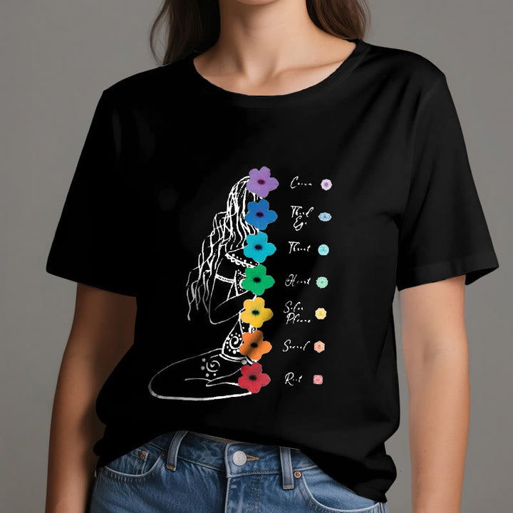 Olivenorma Meditation Girl 7 Chakra Flowers T-Shirt - image 7