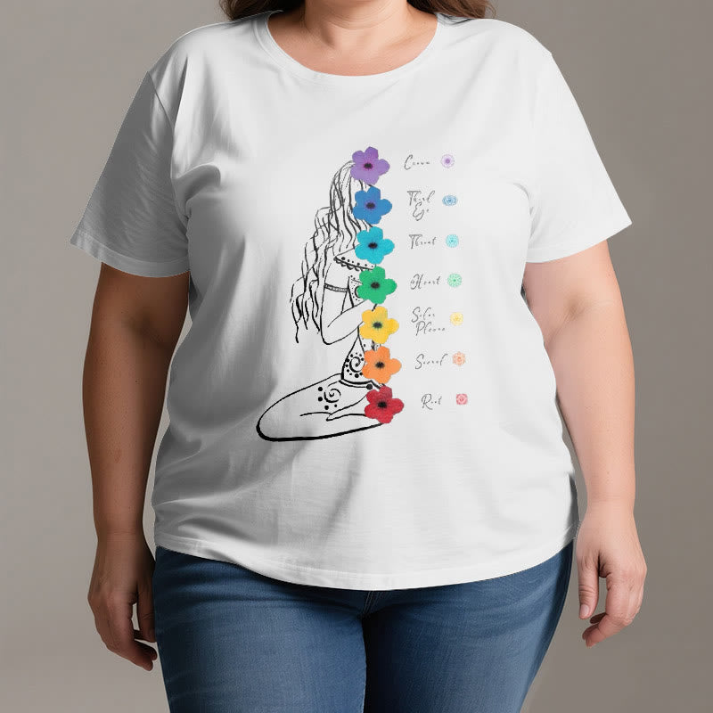 Olivenorma Meditation Girl 7 Chakra Flowers T-Shirt - image 3
