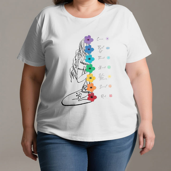 Olivenorma Meditation Girl 7 Chakra Flowers T-Shirt - image 3
