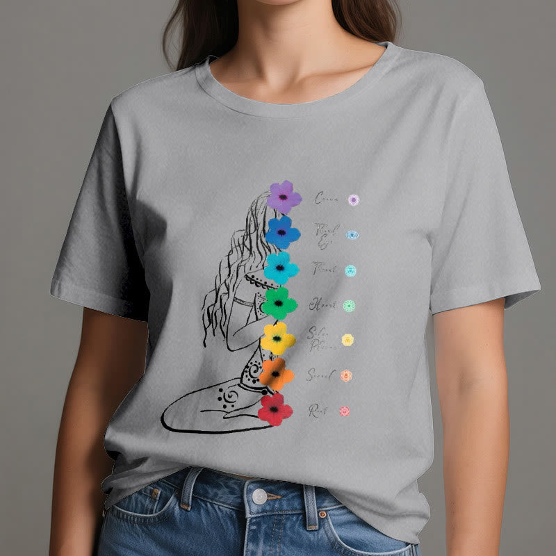 Olivenorma Meditation Girl 7 Chakra Flowers T-Shirt - image 9