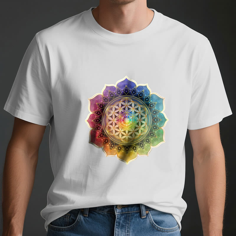 Olivenorma 7 Chakra Medala Flower of Life Cotton T-Shirt - image 4