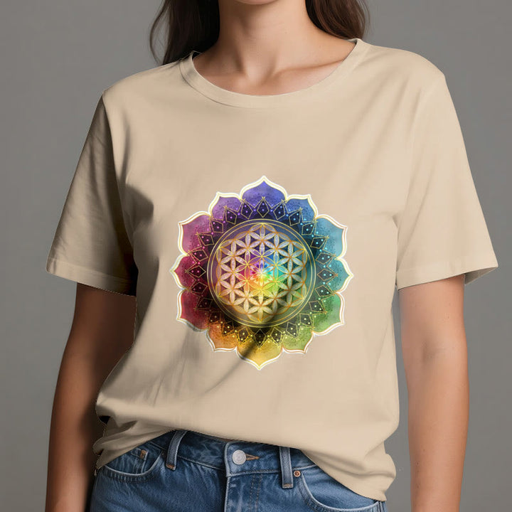 Olivenorma 7 Chakra Medala Flower of Life Cotton T-Shirt - image 11