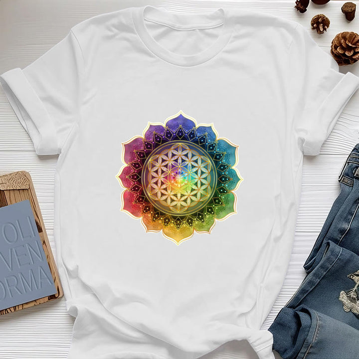 Olivenorma 7 Chakra Medala Flower of Life Cotton T-Shirt - White - 2XL - image 1