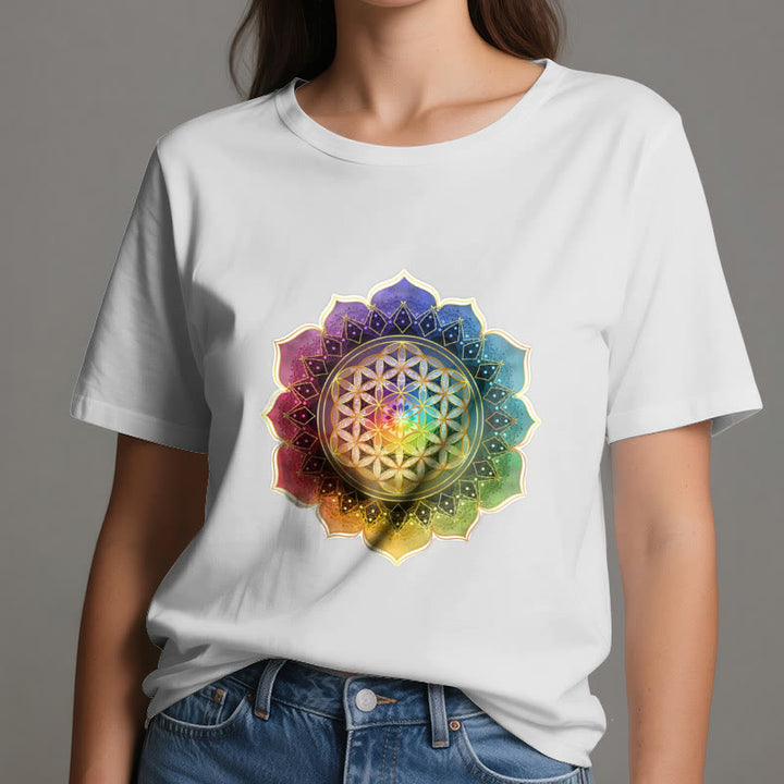 Olivenorma 7 Chakra Medala Flower of Life Cotton T-Shirt - image 2
