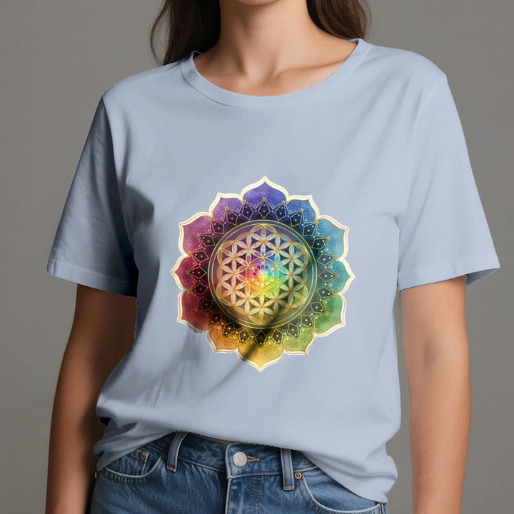 Olivenorma 7 Chakra Medala Flower of Life Cotton T-Shirt - image 13
