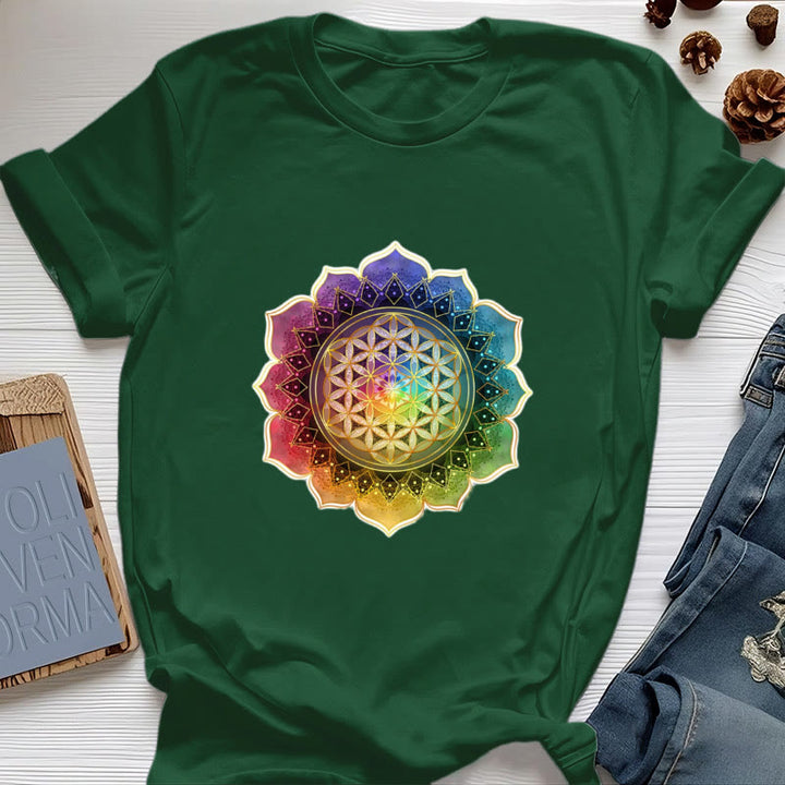 Olivenorma 7 Chakra Medala Flower of Life Cotton T-Shirt - Dark Green - 2XL - image 20