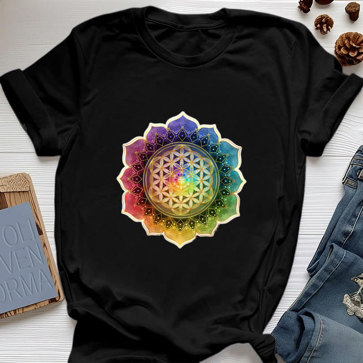 Olivenorma 7 Chakra Medala Flower of Life Cotton T-Shirt - Black - 2XL - image 6