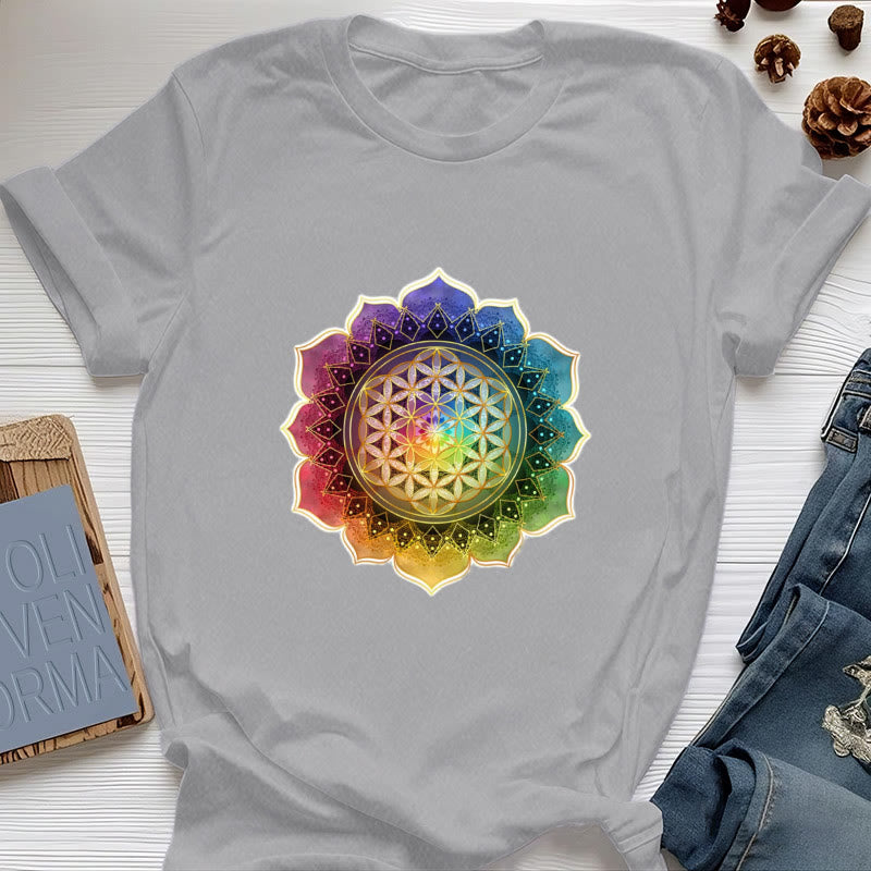 Olivenorma 7 Chakra Medala Flower of Life Cotton T-Shirt - Gray - 2XL - image 8