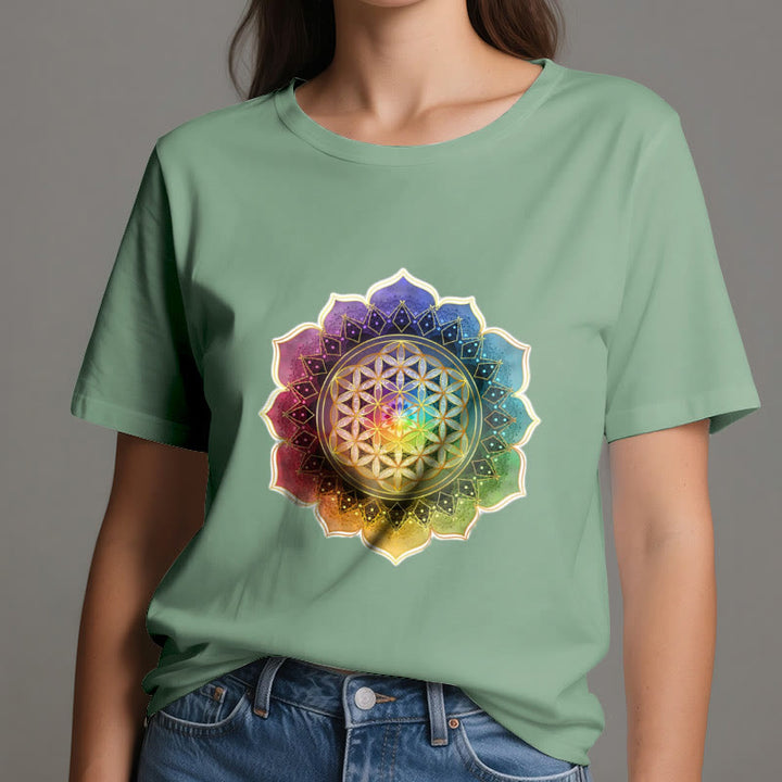 Olivenorma 7 Chakra Medala Flower of Life Cotton T-Shirt - image 19