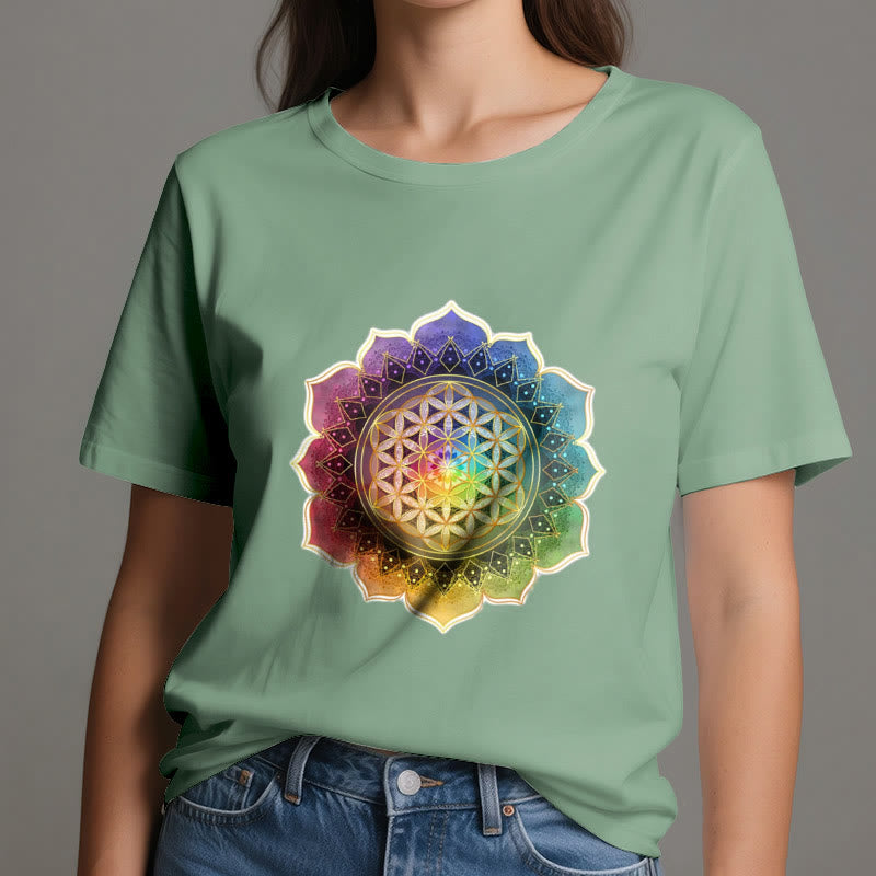 Olivenorma 7 Chakra Medala Flower of Life Cotton T-Shirt - image 19
