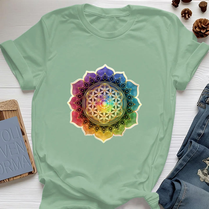 Olivenorma 7 Chakra Medala Flower of Life Cotton T-Shirt - Light Green - 2XL - image 18