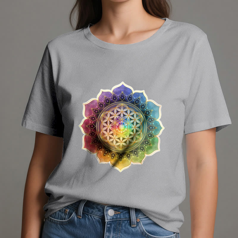 Olivenorma 7 Chakra Medala Flower of Life Cotton T-Shirt - image 9
