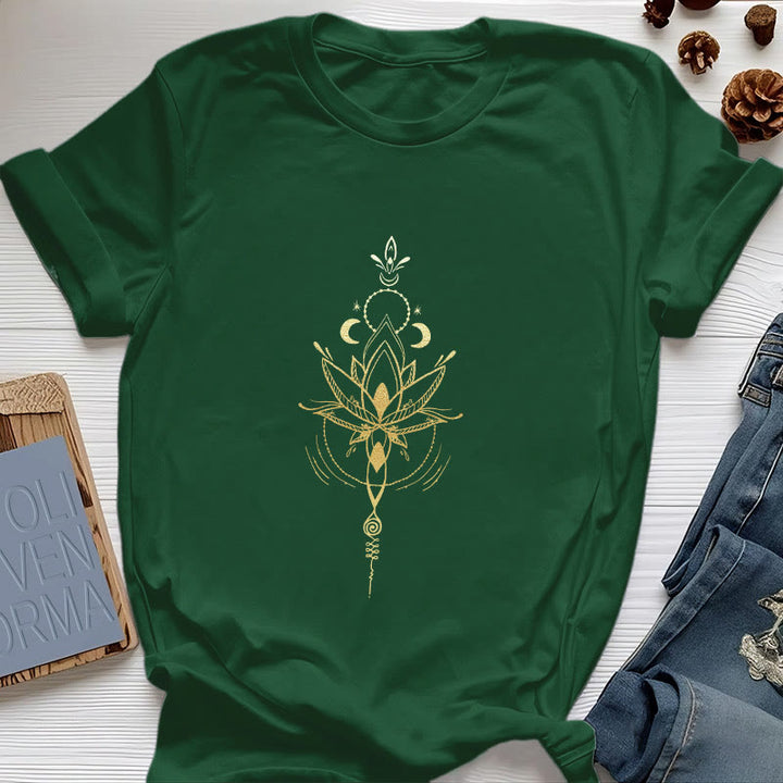 Olivenorma Moon Phase Lotus Protection Cotton T-Shirt - Dark Green - 2XL - image 1