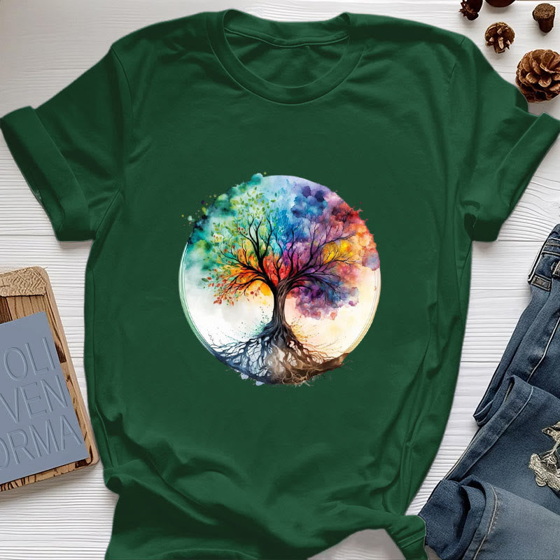 Olivenorma Rainbow Tree of Life Spiritual Cotton T-Shirt - Dark Green - 2XL - image 20