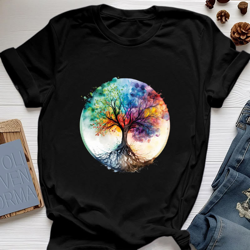 Olivenorma Rainbow Tree of Life Spiritual Cotton T-Shirt - Black - 2XL - image 6
