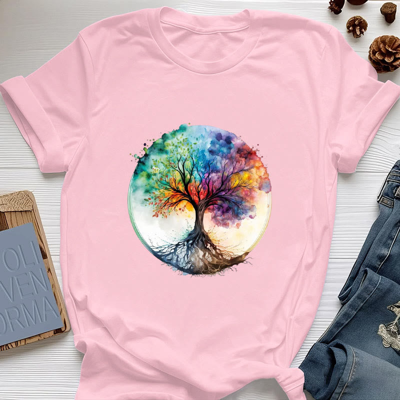 Olivenorma Rainbow Tree of Life Spiritual Cotton T-Shirt - Pink - 2XL - image 14