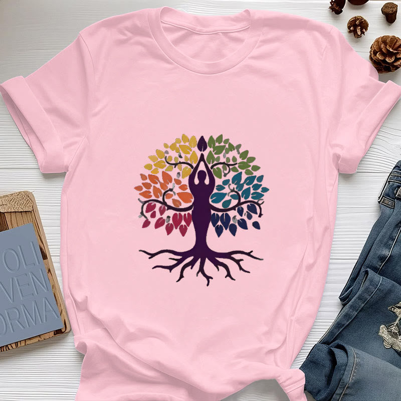 Olivenorma Yoga Tree Spiritual Cotton Tee T-Shirt - Pink - 2XL - image 14