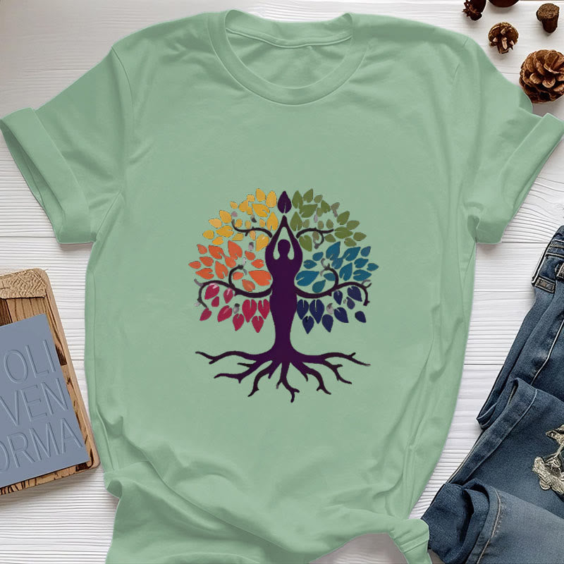 Olivenorma Yoga Tree Spiritual Cotton Tee T-Shirt - Light Green - 2XL - image 18