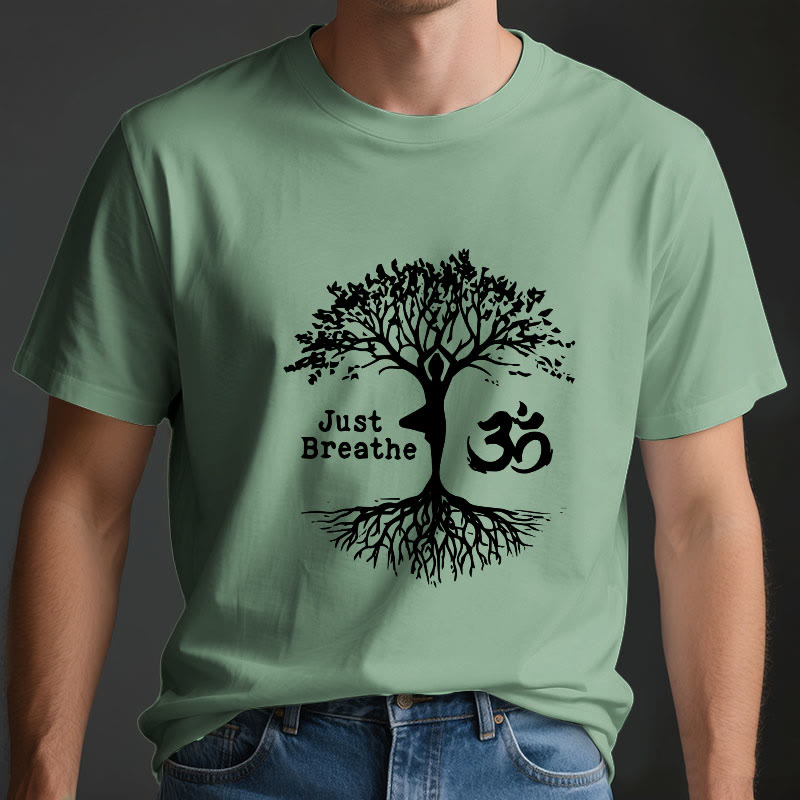 Olivenorma "JUST BREATHE" Yoga Tree OM Symbol Spiritual T-Shirt - image 4