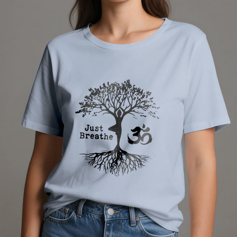 Olivenorma "JUST BREATHE" Yoga Tree OM Symbol Spiritual T-Shirt - image 15