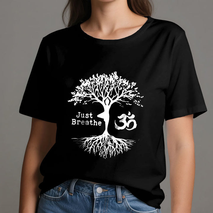 Olivenorma "JUST BREATHE" Yoga Tree OM Symbol Spiritual T-Shirt - image 9