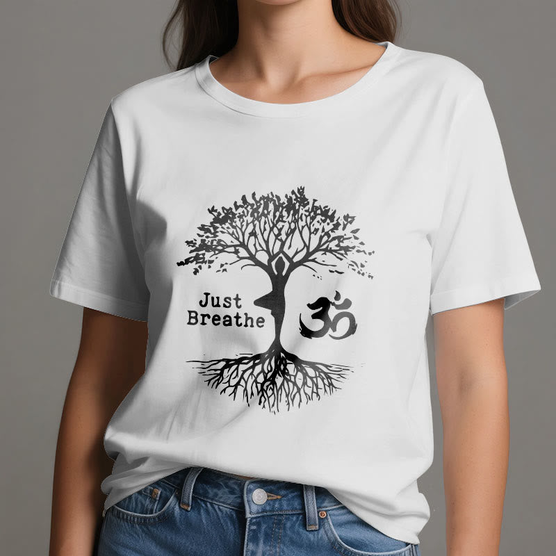 Olivenorma "JUST BREATHE" Yoga Tree OM Symbol Spiritual T-Shirt - image 7