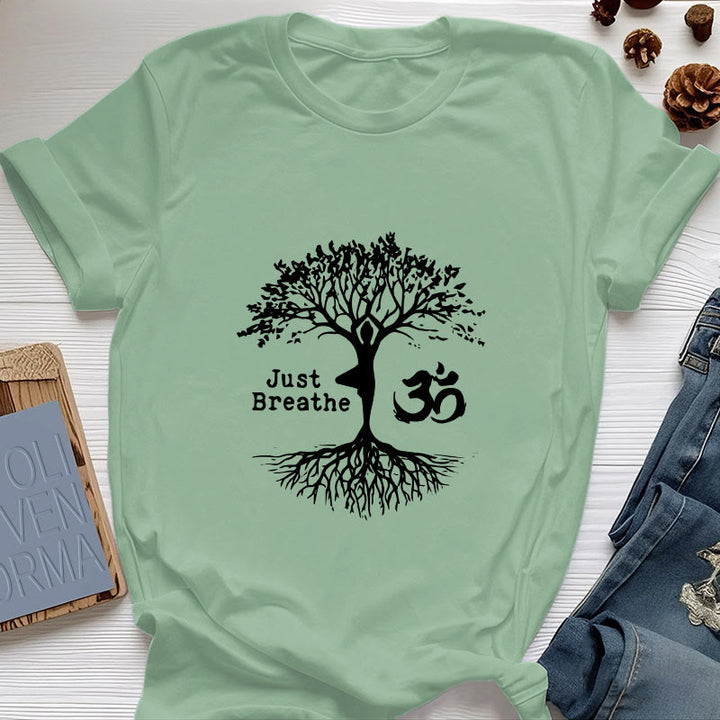 Olivenorma "JUST BREATHE" Yoga Tree OM Symbol Spiritual T-Shirt - Light Green - 2XL - image 1