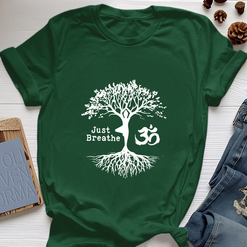 Olivenorma "JUST BREATHE" Yoga Tree OM Symbol Spiritual T-Shirt - Dark Green - 2XL - image 20